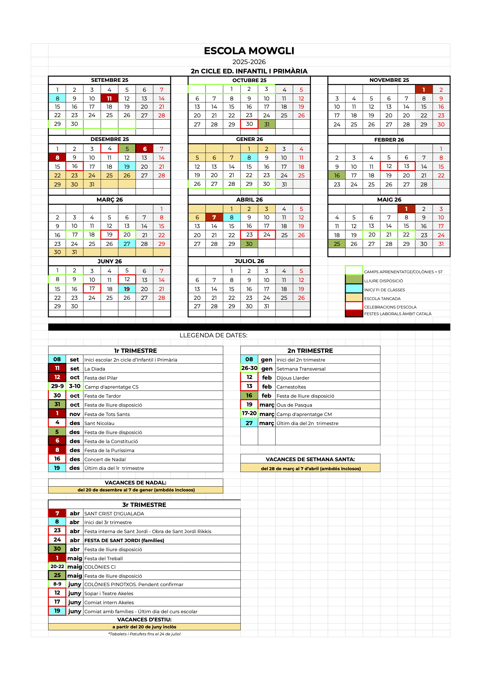 Calendari 2n Cicle i Primària